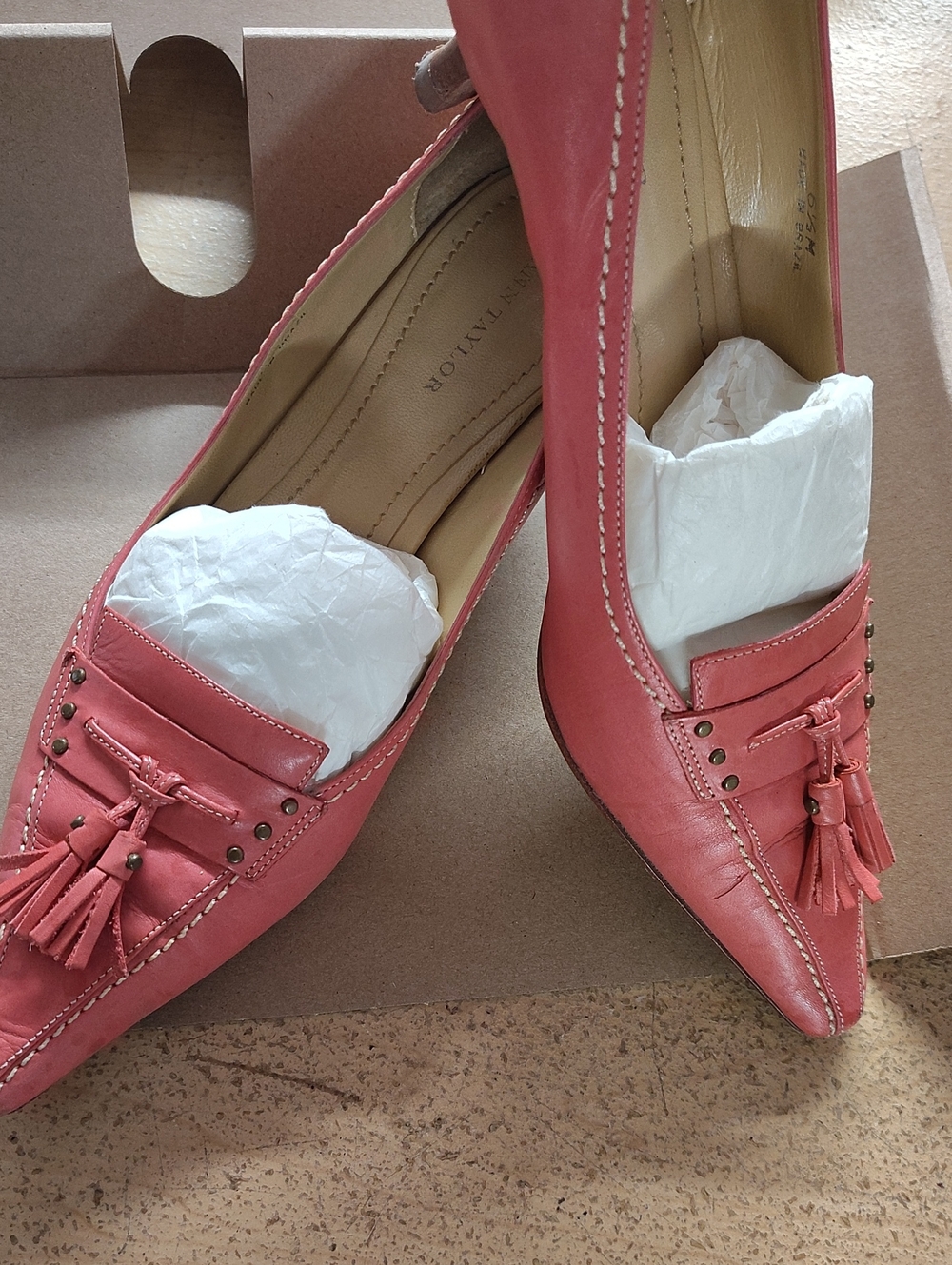 Stuart Weitzman Coral Pink Pointed Tassel Loafers
